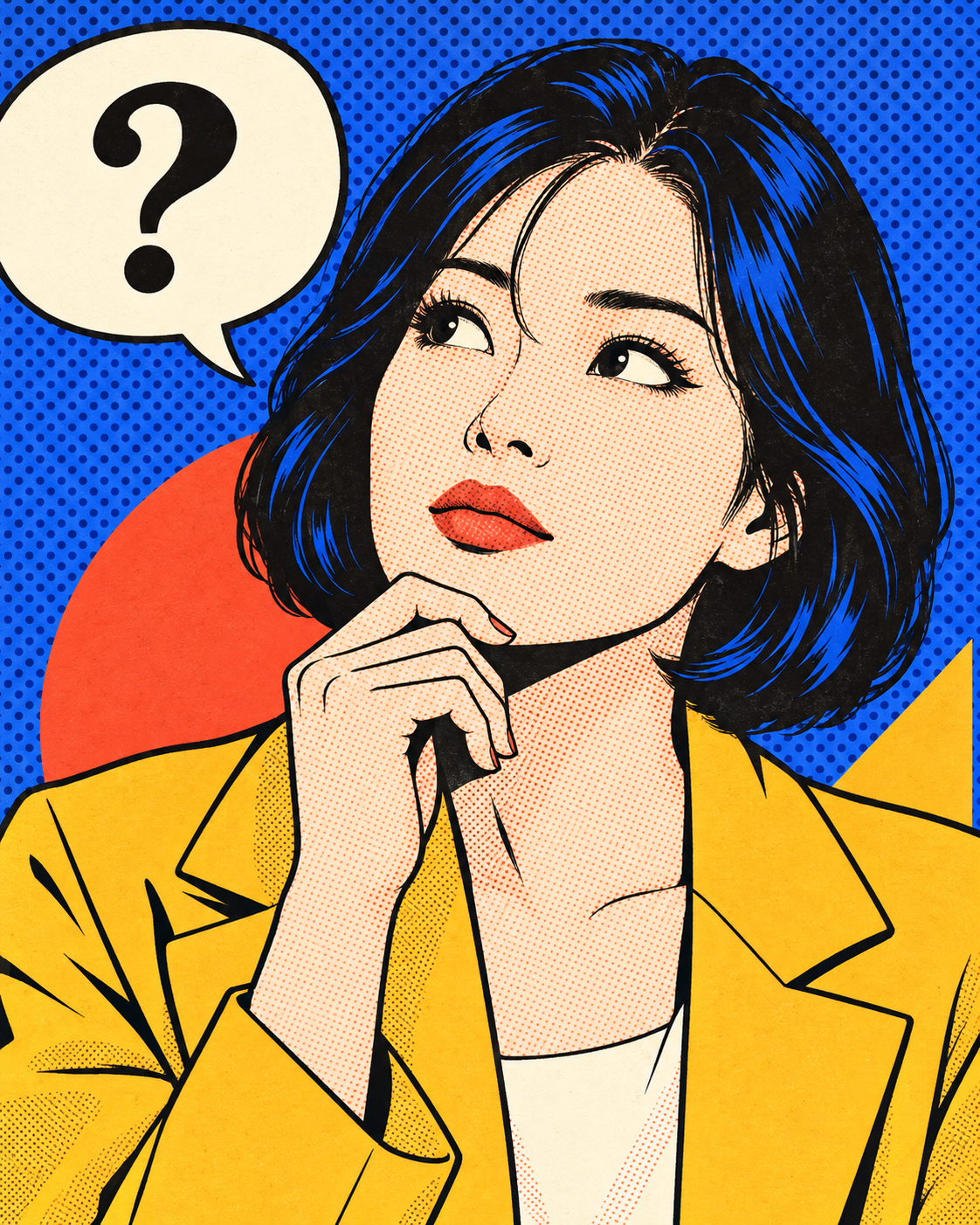 물음표 말풍선 아래에서 생각하는 노란 재킷의 여성 팝아트 일러스트